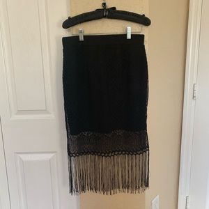 Bebe Black Lace Fringe Mini/Midi Skirt Boho Chic